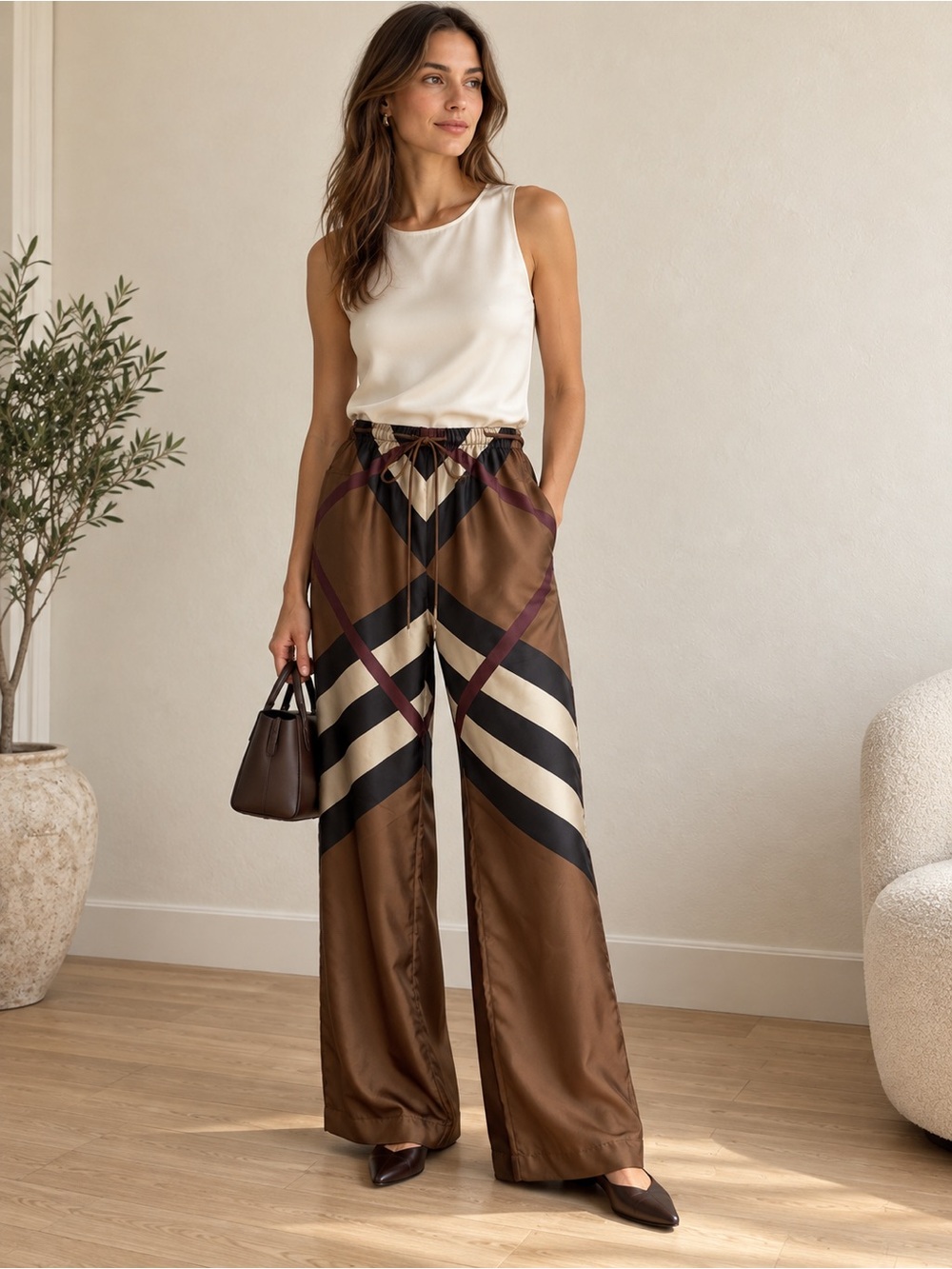 BURBERRY 100% Silk Monogram Stripe Wide-Leg Pants Size 6
